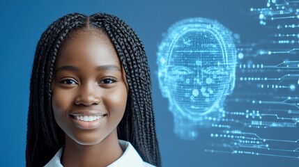 Smiling Young Woman and Digital Brain Interface