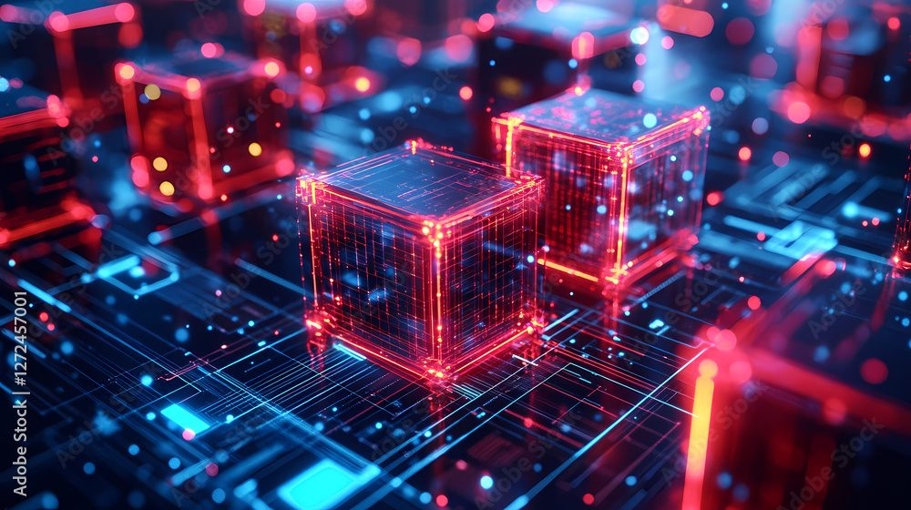 Poster tech-inspired cubes on circuit board surface