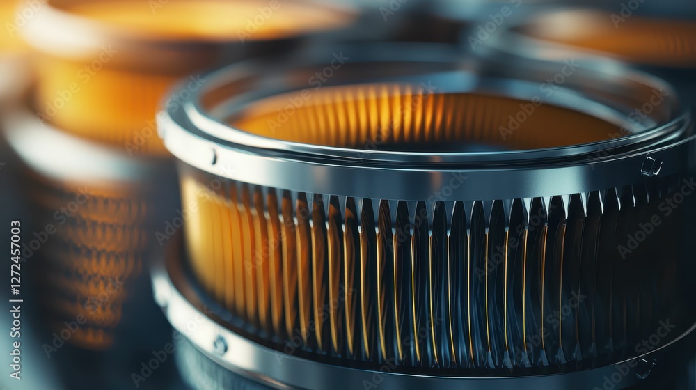 Poster detailed technical shot of an oil filter with unique design elements
