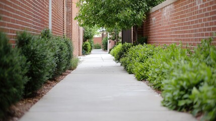 Fototapeta premium Brick-walled pathway, green shrubs, urban setting, peaceful background, ideal for real estate
