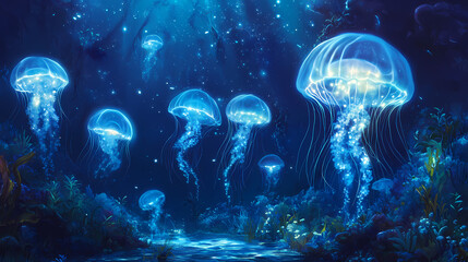 stunning underwater mystical bioluminescent jellyfish