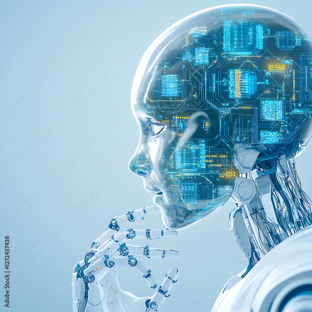 Poster thinking ai robot with transparent head displaying internal circuits and advanced technology.