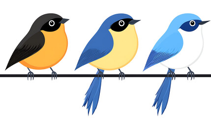 Obraz premium Three Birds Perched on a Branch Side by Side Vector Illustration Colorful Bird Art Fauna Design.