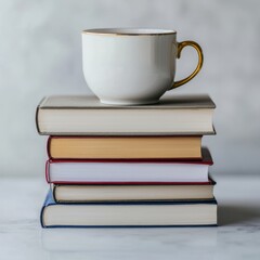 Naklejka premium A white coffee cup with a gold rim resting atop a stack of colorful books