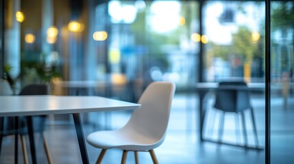 Modern white table and chair in a cafe. Perfect for concepts of business, work, or relaxing atmosphere.
