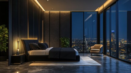 Modern Nighttime Bedroom Cityscape View