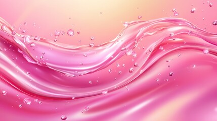 Abstract pink liquid wave with bubbles, flowing smoothly.