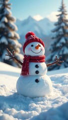 Obraz premium Joyful snowman in wide winter landscape, ample copy space, new year, panoramic