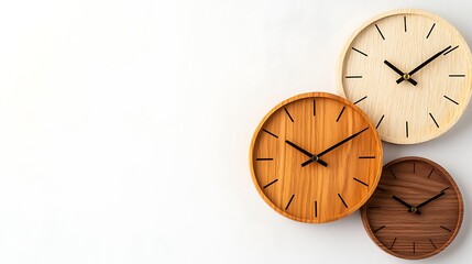Three Stylish Wooden Wall Clocks in Minimalist Interior Setting