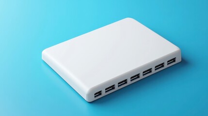 Minimalist White Network Switch on Light Blue Background for Data Connectivity