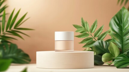 Beige Cream Jar Displayed on a Round Pedestal with Lush Greenery