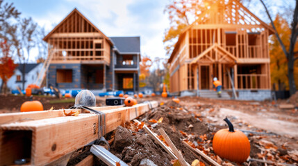 Building Dreams: The skeleton of a home takes shape as construction progresses. Pumpkins add a seasonal touch, while the workers give an indication to the hard work