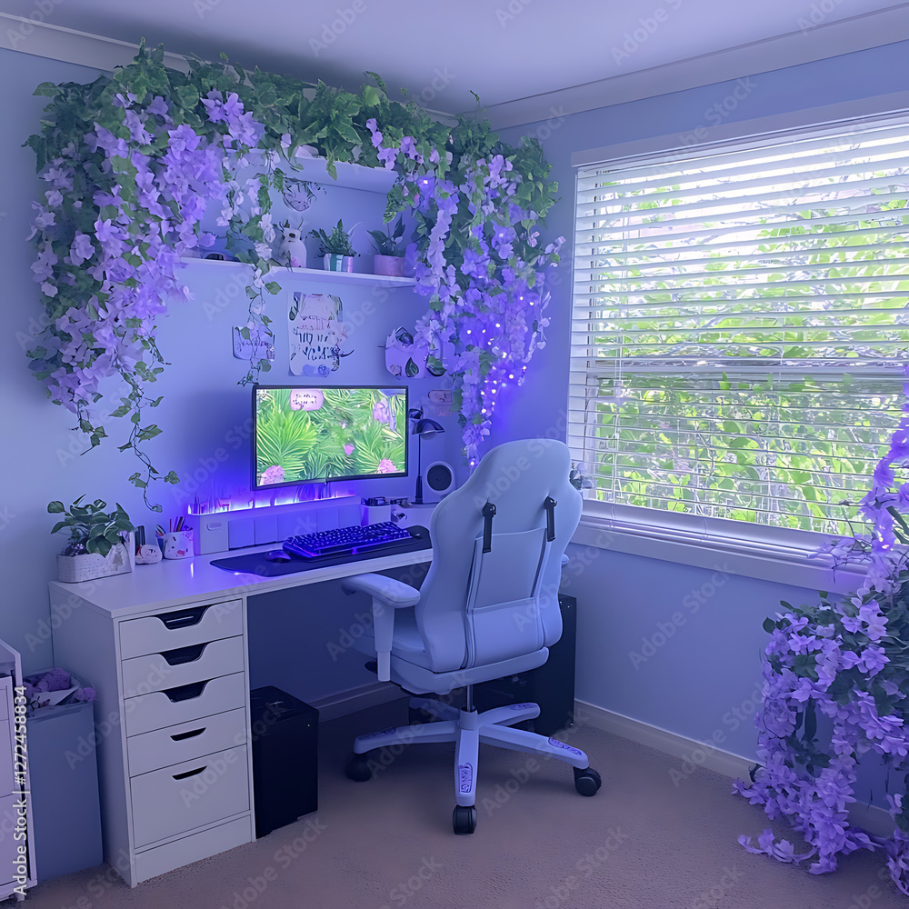 Poster tranquil computer setup with lavender decor and natural light by window in a relaxing room.