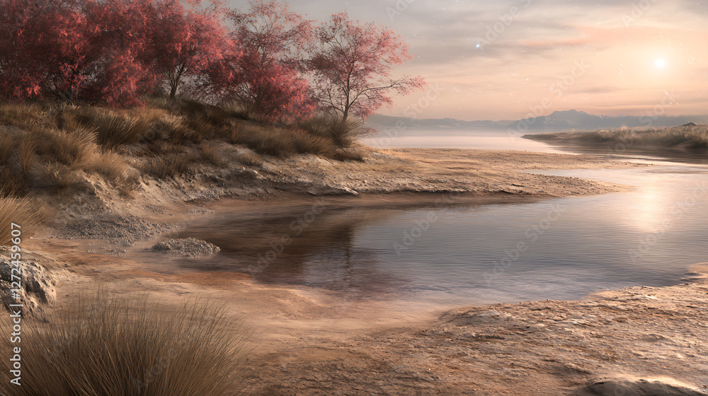 Aufkleber tranquil waterscape with red trees and distant mountains at dusk creating a serene atmosphere.