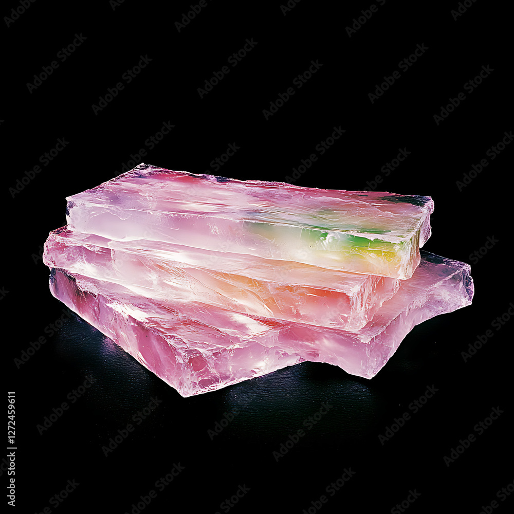 Poster translucent multihued stacked rectangular blocks, artistic display of ice or solidified material.