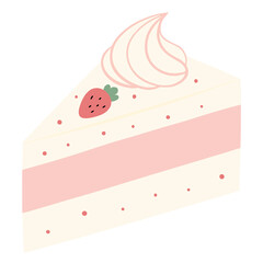 A strawberry cake slice with whipped cream topping, cute pink sweet flat design illustration