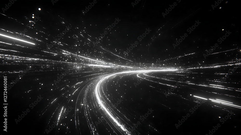 Poster tunnel of light speed abstract black and white motion art with particle streaks sci fi concept.