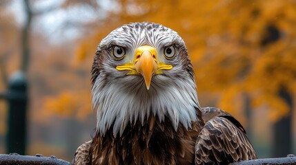 Naklejka premium Bald eagle portrait, autumn park, intense gaze, wildlife