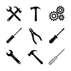 Tools and Service icons set vector. Gear icon, screwdriver, and wrench. Wren and screwdriver glyph icon. Stock vector for settings, repair, and service sign. 