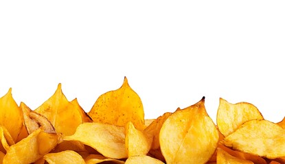 Naklejka premium Golden Potato Chips Poured Over a White Background for Snacks