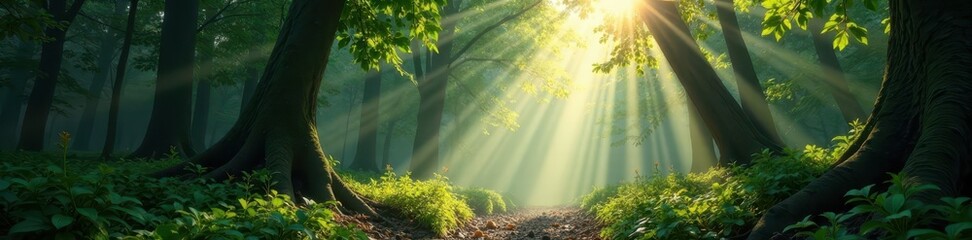Sunbeams pierce dense forest, creating ethereal glow , light, green