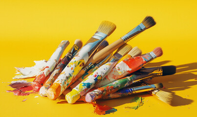 Obraz premium Abundant Art Supplies, Including Brushes and Paint Tubes, Arranged for Inspiring Creative Expression and Masterpieces