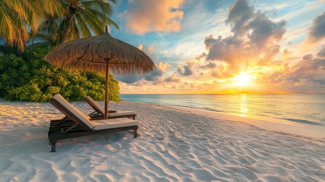 Sunset in a tropical paradise, two sunbeds with a straw umbrella, gentle palm fronds swaying in the breeze, white sand beach, peaceful sea view, and colorful sky. No people no text