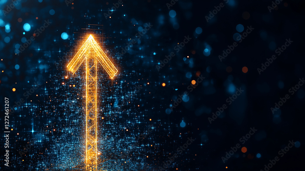 Poster ascending arrow: a digital representation of a glowing arrow pointing upwards amidst a sea of floati