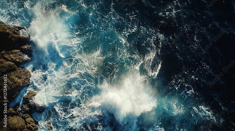 Poster dynamic capture of ocean waves creating splashes near rocky coastline