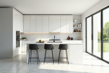 Bright white modern kitchen with granite & stainless steel, large central island , microwave, clean