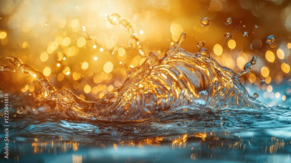 Poster dynamic liquid composition with splashes and beautiful bokeh effect