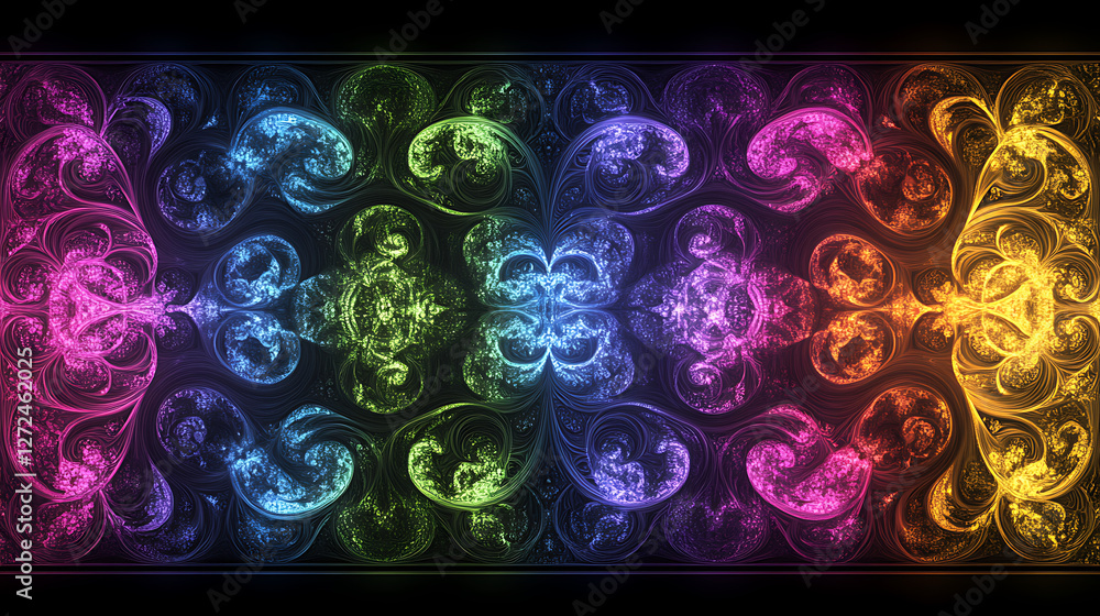 Poster vivid psychedelic fractal design with gradient hues and intricate swirls in a symmetrical pattern.