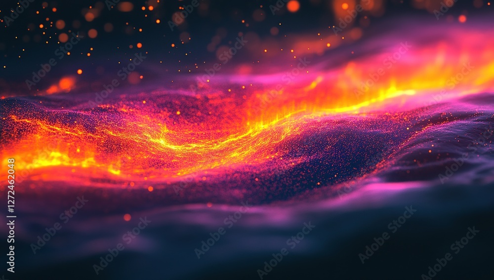 Poster glowing embers flowing dynamically across a dark surface with intense light, abstract art