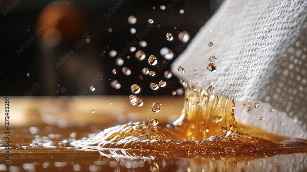 Poster dynamic paper towel swiftly absorbing liquid in close-up shot