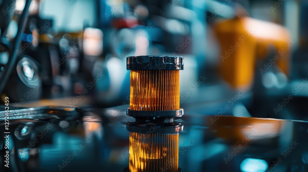 Aufkleber vibrant dynamic oil filter on reflective surface in workshop setting