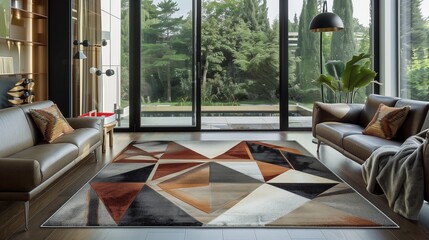 A designer area rug with geometric patterns and a plush pile, capturing its modern aesthetic and luxurious comfort.