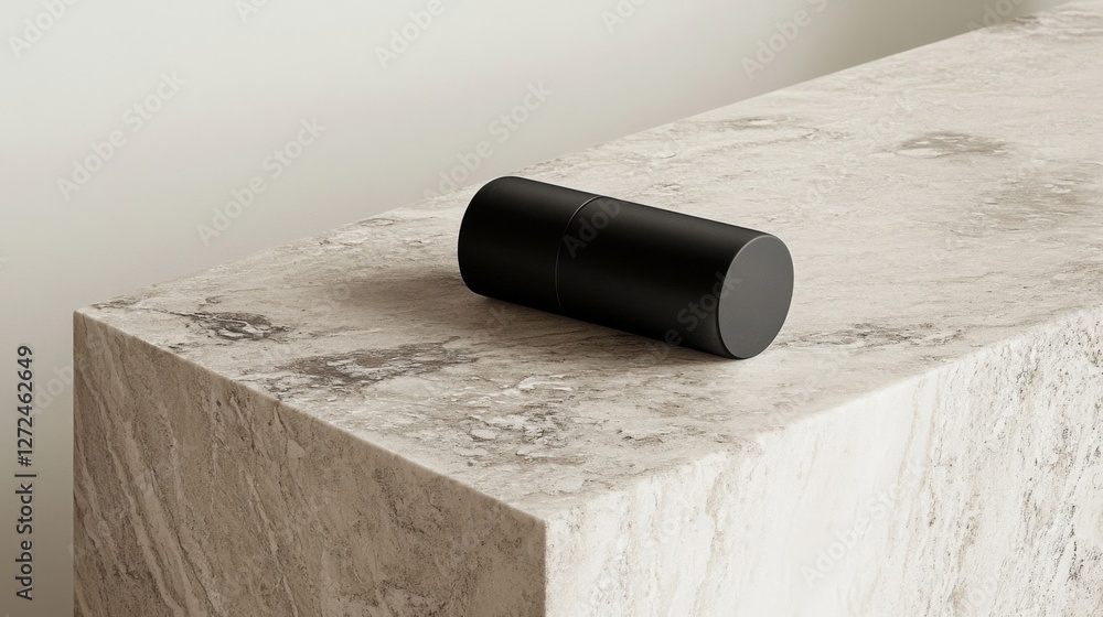 Aufkleber black cylinder object on beige stone table in a minimal studio setting