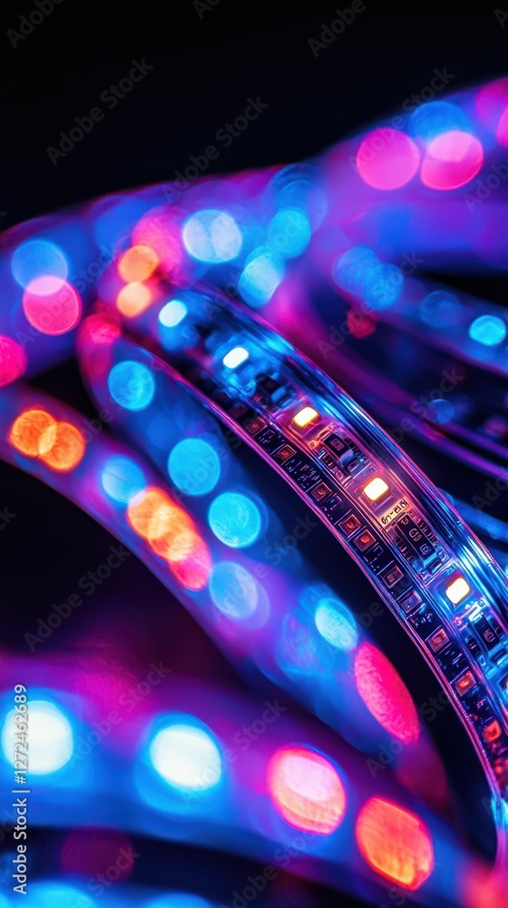 Poster Dynamic Illuminated LED Strips with Vibrant Colors in Macro View