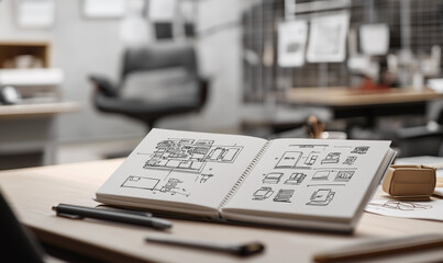 Obraz premium Inspiring designer notebook filled with innovative product sketches, imaginative ideas, and meticulously detailed conceptual plans