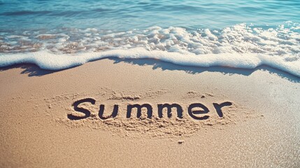 The word Summer etched into the sand on a tranquil beach, with waves from the sea flowing gently in the background, bringing vacation memories to life. No people no text