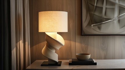 A designer table lamp with a sculpted base and silk shade, emphasizing its sophisticated form and soft illumination.