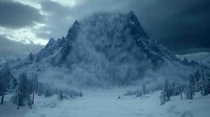 Obraz premium Winter Snowstorm Mountain Landscape Snowy Peaks With Blizzard Like Clouds Amidst Frozen Valley View.