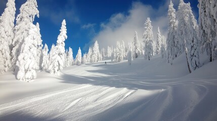Snow covered trees on a sunny winter slope