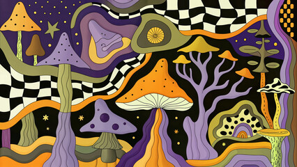 Echoes of Mystical Mushrooms: The heart of the dream forest pulses with ancient groovy energy.