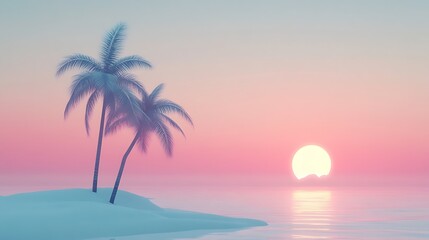 Fototapeta premium Two Palm Trees on a Small Island at Sunset
