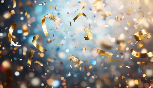 Colorful confetti and shimmering ribbons on a festive background