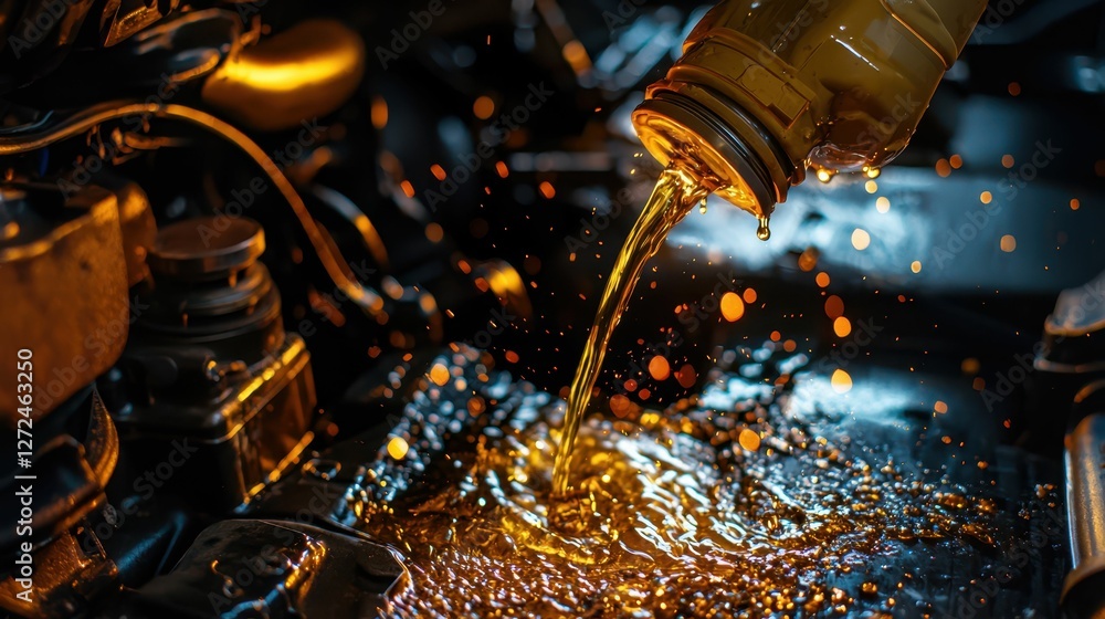 Poster dynamic scene of engine oil being splashed onto engine components