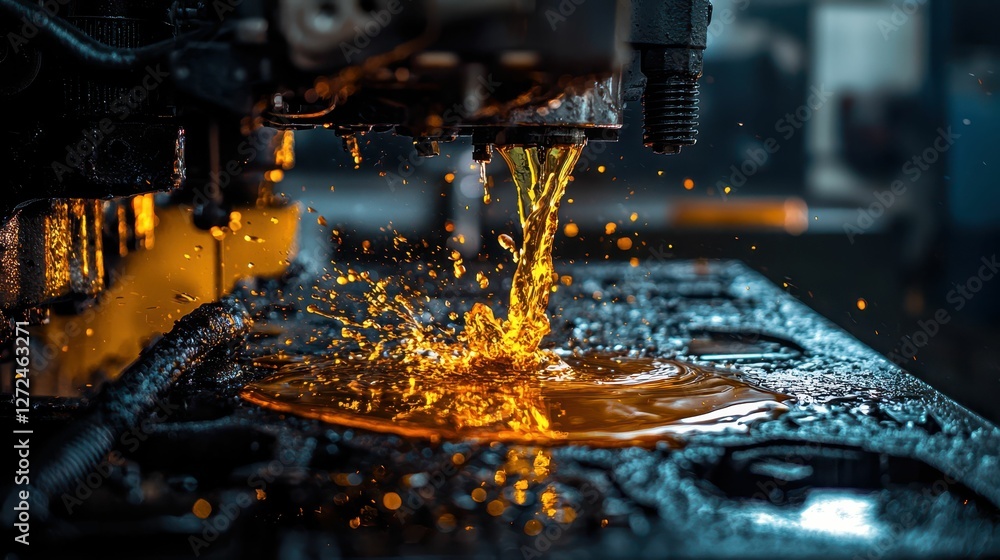 Poster dynamic scene of engine oil being splashed in industrial setting