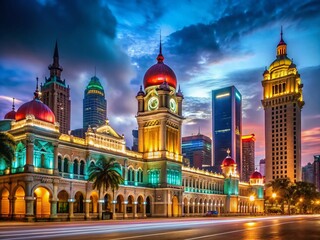 Obraz premium Majestic Night View of Merdeka Square, Kuala Lumpur, Illuminated Buildings, Cityscape