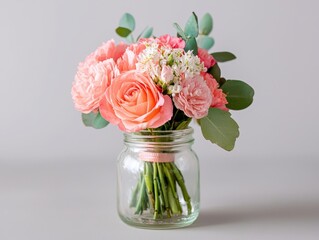 Obraz premium Beautiful bouquet of pink and peach flowers in a glass jar on a neutral background